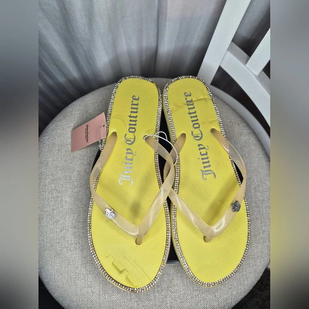 NWT Juicy Couture Yellow Flip Flops with Rhinestone Trim